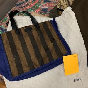 Fendi Small Blue/Brown Stripe Shopping Canvas Tote